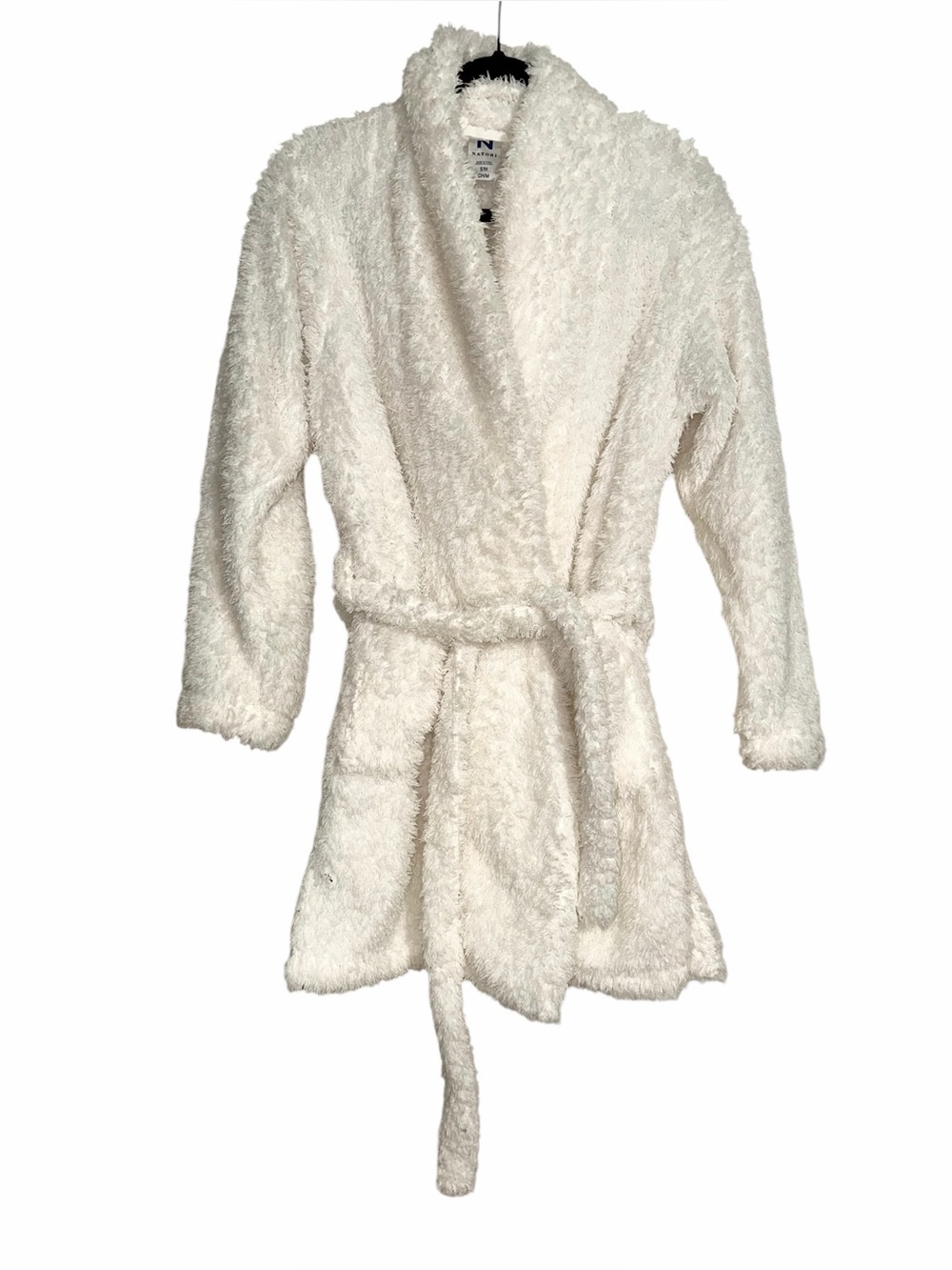 N Natori Cozy Plush Long Sleeve Short Lounge Ivory Robe S/M